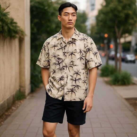 Campia Moda XL Cream Palm Print Hawaiian Shirt – 100% Cotton Island Style - Picture 1 of 11